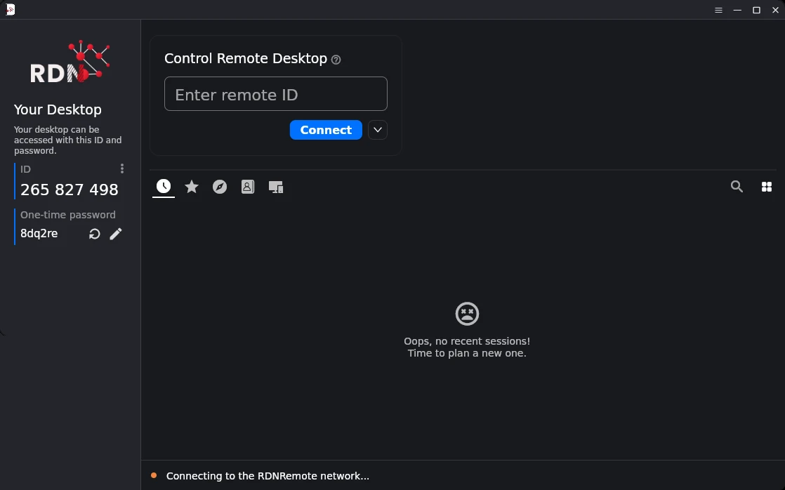 RDN Remote remote desktop software: main window with the device ID, one-time password and the connect field