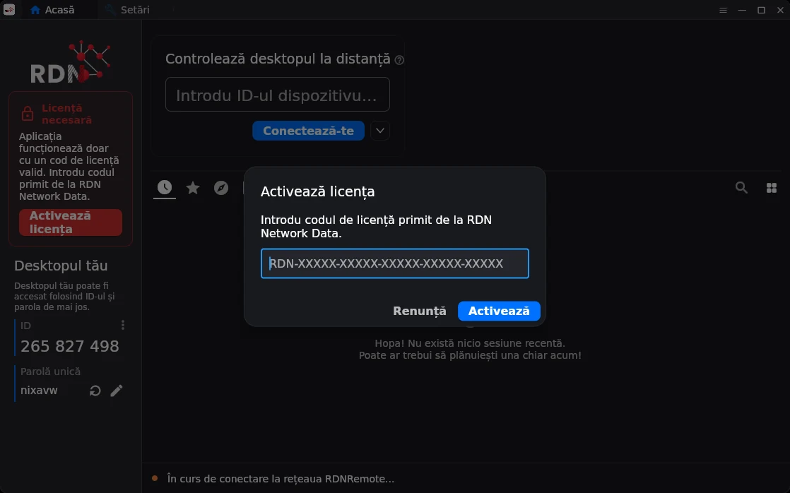 Activarea licenței în RDN Remote
