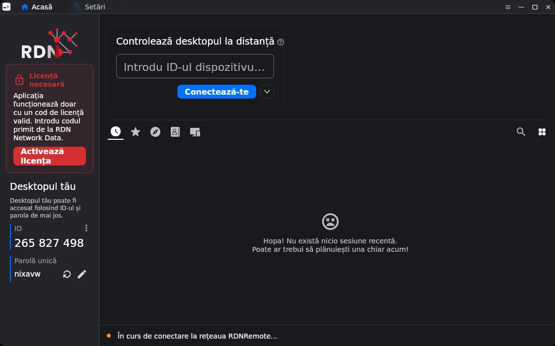 Fereastra principală a aplicației RDN Remote: ID-ul dispozitivului, parola unică și câmpul pentru conectare